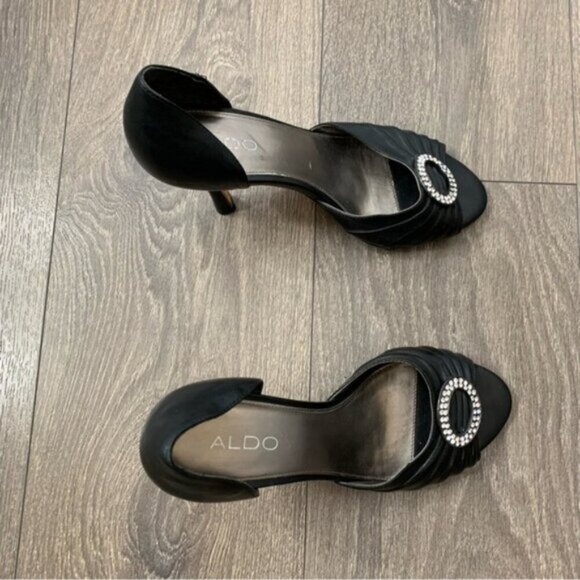 Aldo Women's Open toe Pumps Heels Leather Black Crystal Embellishment detail - Picture 10 of 16